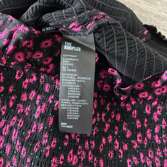 The Kooples Ditsy Flower Black Pink Floral Smocked Mini Skirt Size 1‎ Ruffle Hem - Picture 9 of 16